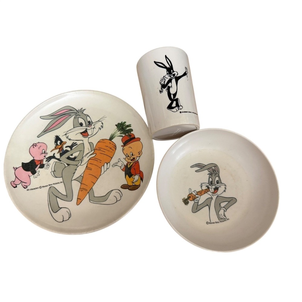Vintage Lenox Ware Looney Tunes Melamine Set Bugs Bunny Plate Bowl Mug 3pc